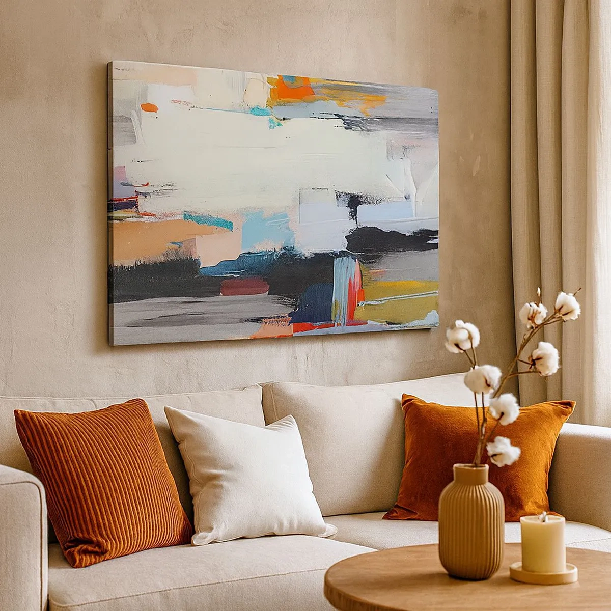 Lærredstryk - Billede på lærred - Farverig abstraktion med dynamiske penselstrøg - 70x50cm - Er der en metode? - Moderne vægdekoration til stue og soveværelse ARTTOR