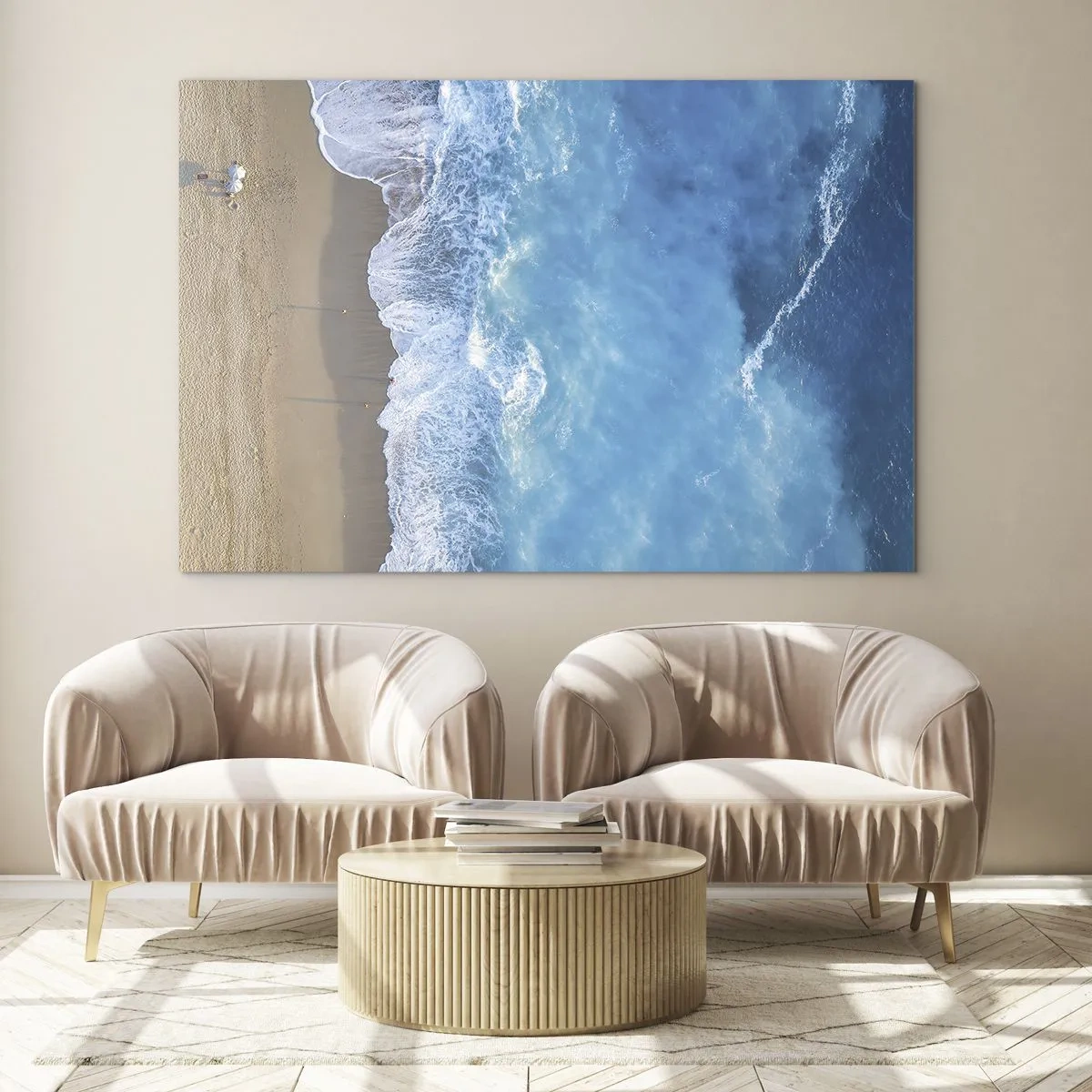 Billede på glas - Luftfoto af stranden og de brusende bølger - 70x50cm - Den blå kraft - Moderne vægdekoration til stue og soveværelse ARTTOR