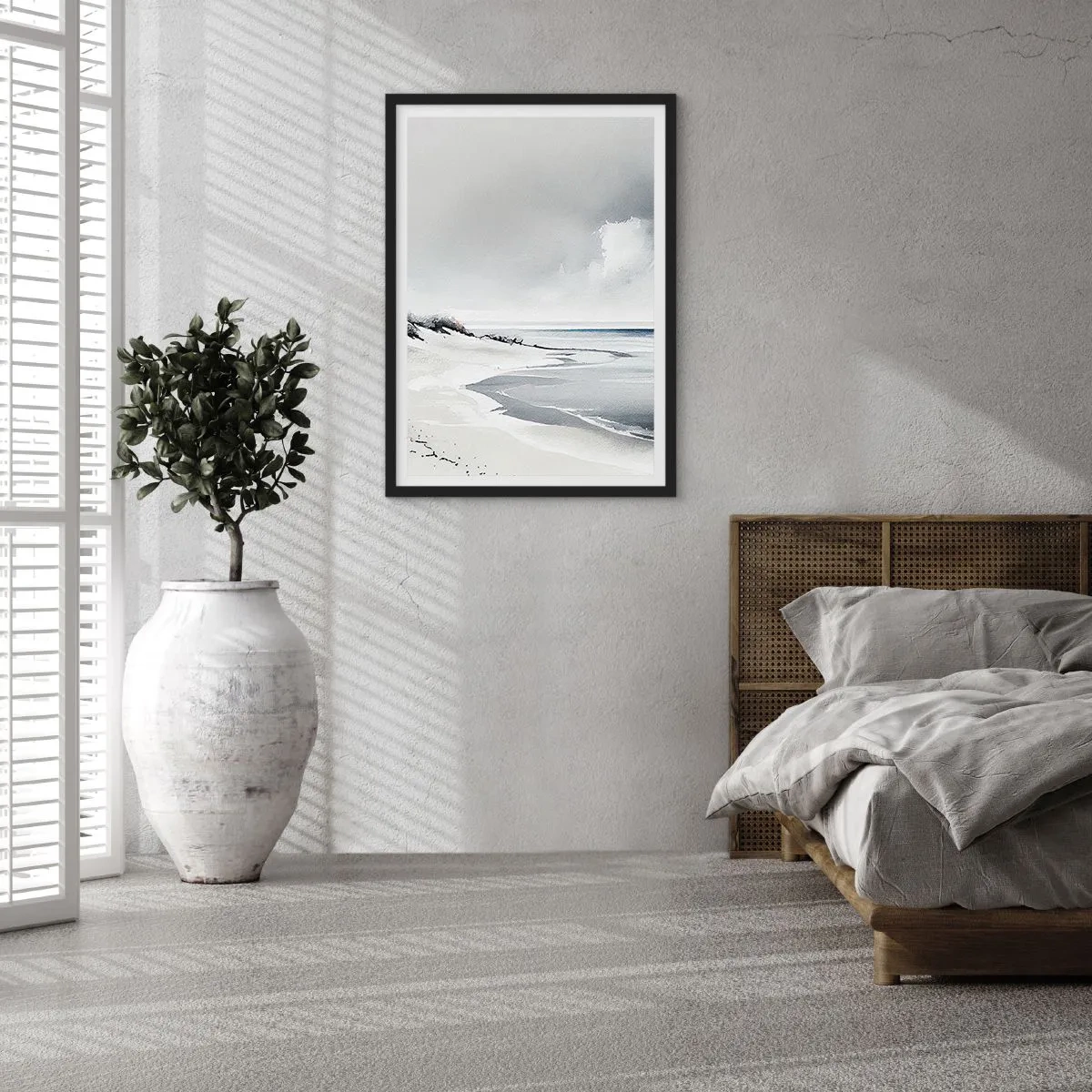 Plakat i sort ramme - En minimalistisk strand i grå nuancer - 50x70cm - Altid sammen - Moderne vægdekoration til stue og soveværelse ARTTOR