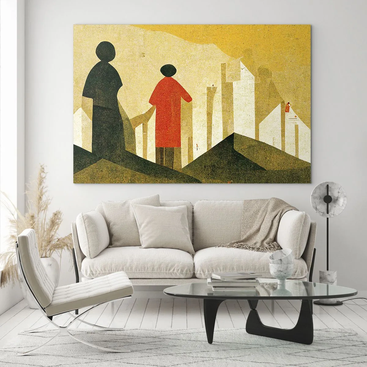 Billede på glas - Geometriske silhuetter af figurer blandt høje former mod baggrunden af en gul himmel - 70x50cm - Stadig langt væk - Moderne vægdekoration til stue og soveværelse ARTTOR