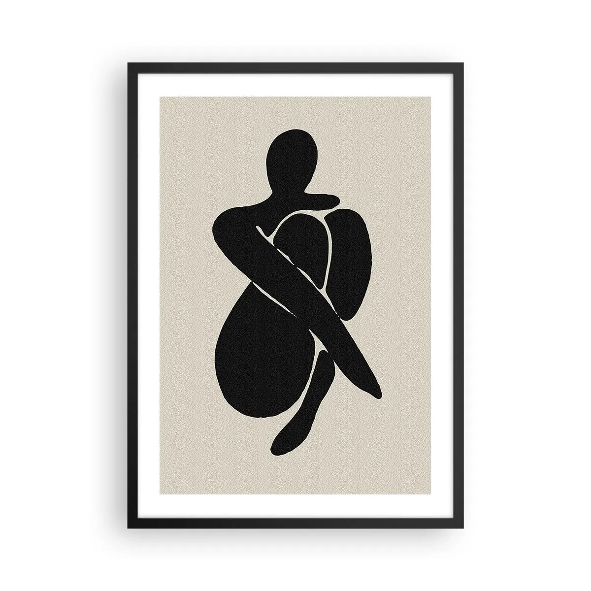 Plakat i sort ramme - Abstrakt figur i en positur med arme viklet om kroppen, sort-hvid illustration - 50x70cm - I din egen favn - Moderne vægdekoration til stue og soveværelse ARTTOR