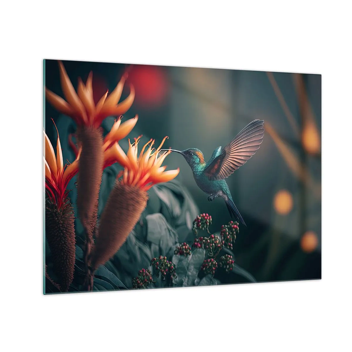 Billede på glas - En kolibri svæver over eksotiske blomster blandt bladene. - 70x50cm - Et virkelig farverigt liv - Moderne vægdekoration til stue og soveværelse ARTTOR