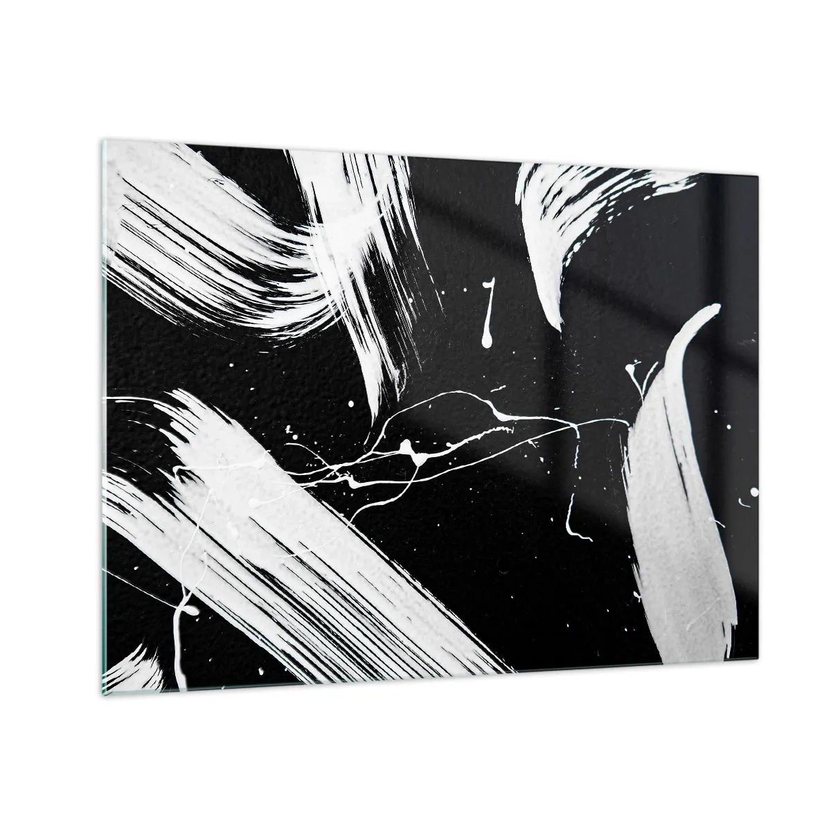 Billede på glas - Hvide penselstrøg på en sort baggrund - 70x50cm - Bryder mørket - Moderne vægdekoration til stue og soveværelse ARTTOR