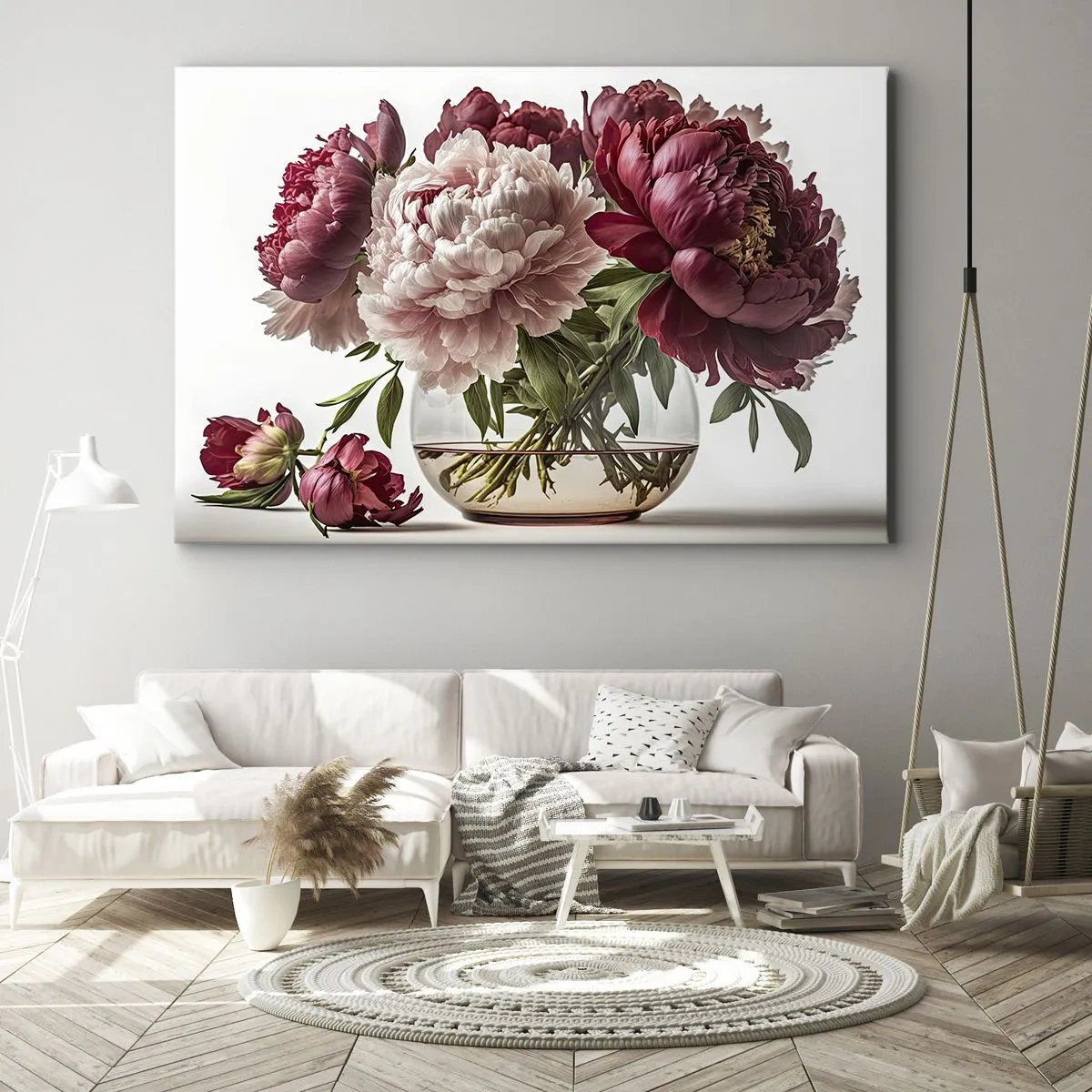 Lærredstryk - Billede på lærred - En buket pæoner i lyserøde og røde nuancer - 70x50cm - I fuldt flor af skønhed - Moderne vægdekoration til stue og soveværelse ARTTOR