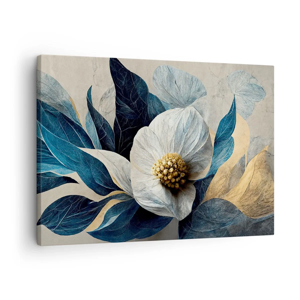 Lærredstryk - Billede på lærred - En blomst med blå blade på en elegant baggrund - 70x50cm - Har et hjerte af guld - Moderne vægdekoration til stue og soveværelse ARTTOR