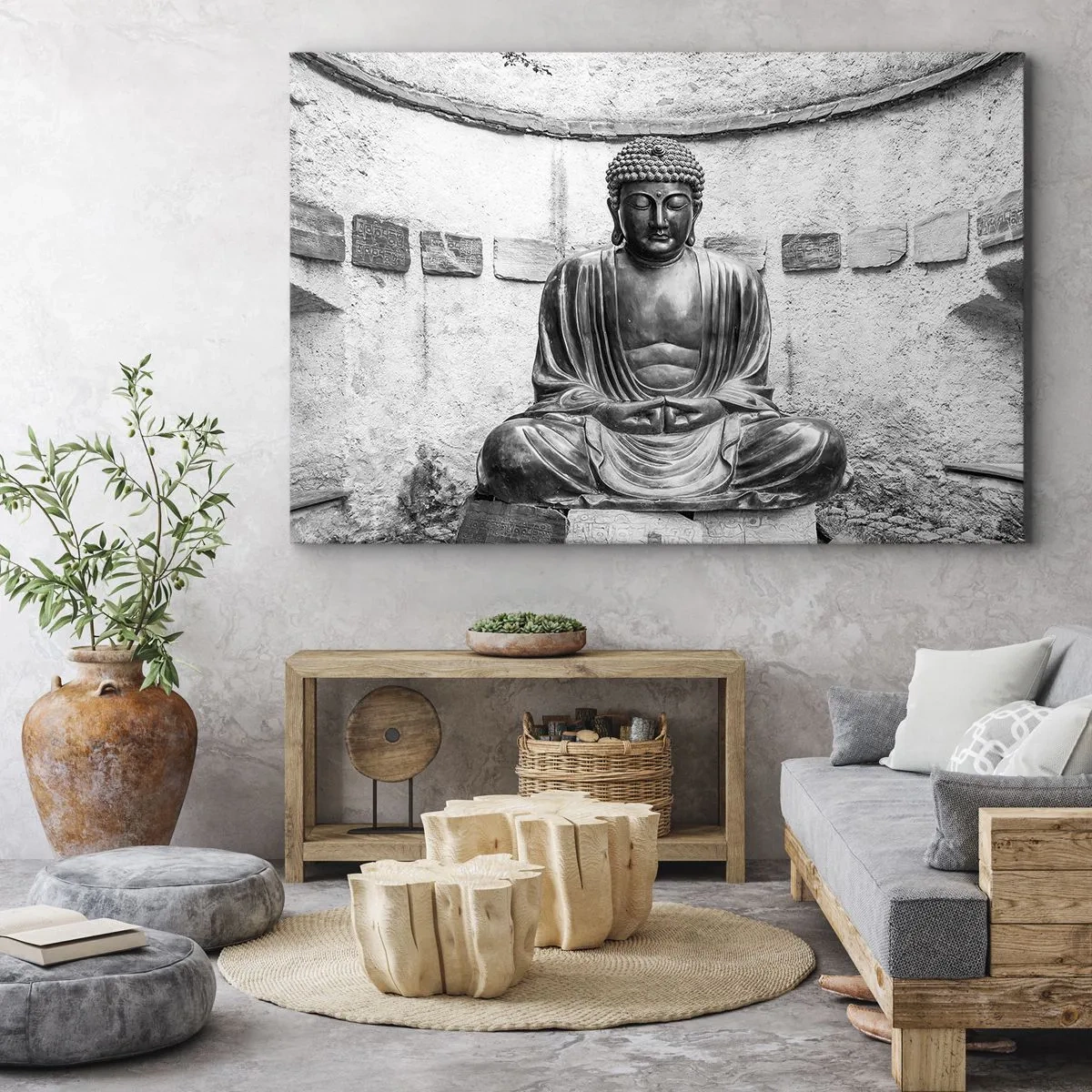 Lærredstryk - Billede på lærred - Sort og hvid Buddha-statue i en meditativ positur - 70x50cm - Ved fredens kilde - Moderne vægdekoration til stue og soveværelse ARTTOR