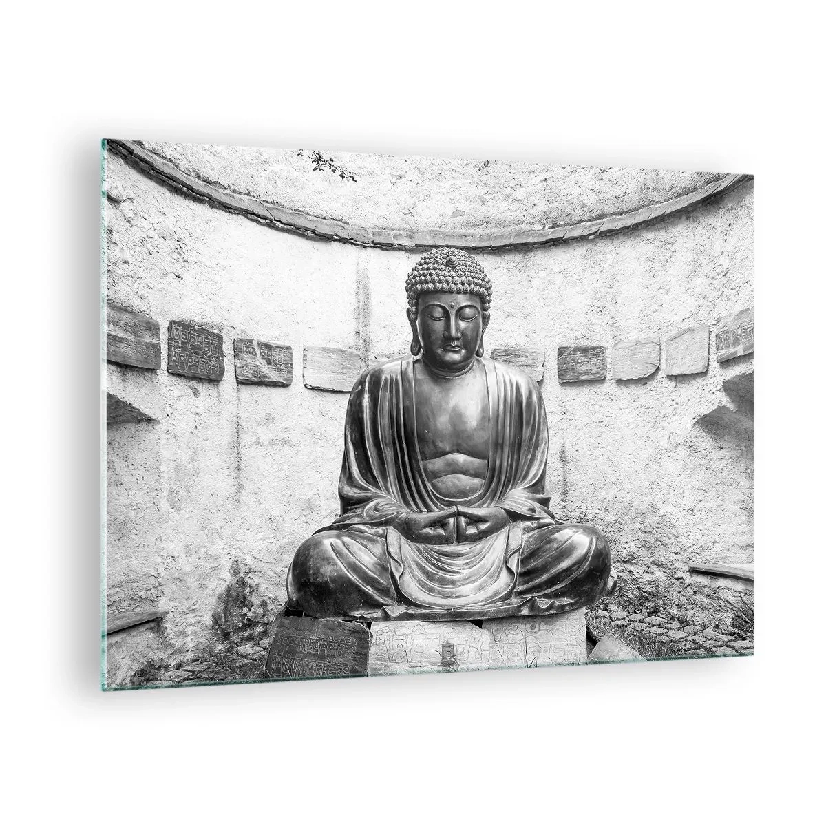 Billede på glas - Sort-hvid statue af Buddha i en meditativ positur - 70x50cm - Ved fredens kilde - Moderne vægdekoration til stue og soveværelse ARTTOR