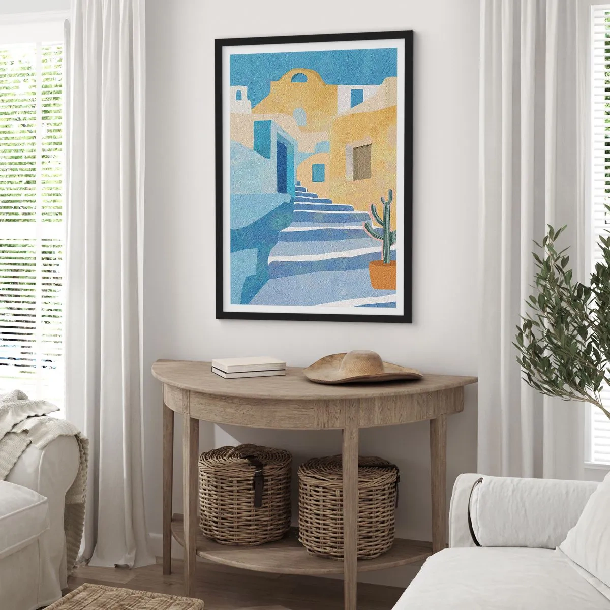Plakat i sort ramme - Middelhavsarkitektur i pastelfarver - 50x70cm - En dag i en arabisk by - Moderne vægdekoration til stue og soveværelse ARTTOR