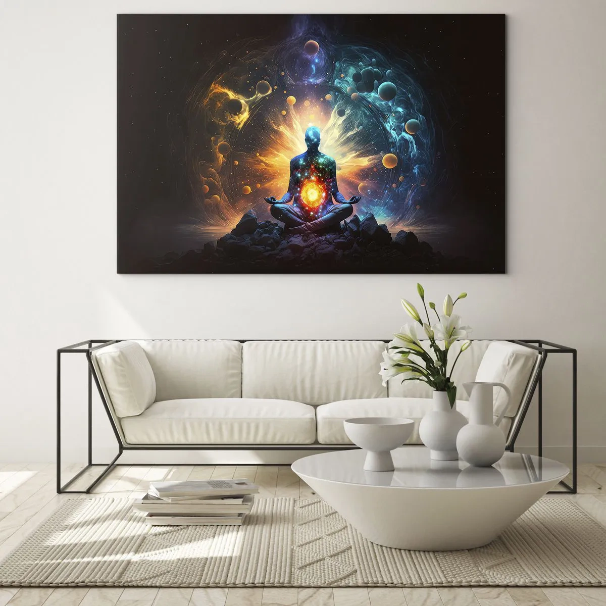 Billede på glas - En mediterende silhuet i en kosmisk eksplosion af farver - 70x50cm - Kosmisk ro - Moderne vægdekoration til stue og soveværelse ARTTOR