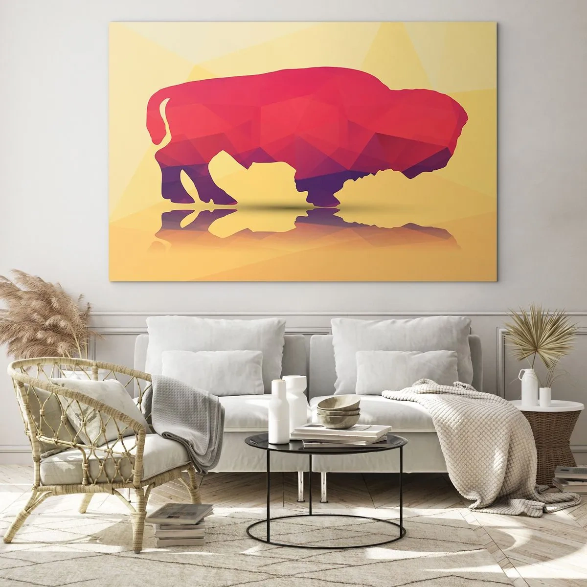 Billede på glas - Geometrisk bison i varme farver - 70x50cm - Bisonens amarantstyrke - Moderne vægdekoration til stue og soveværelse ARTTOR