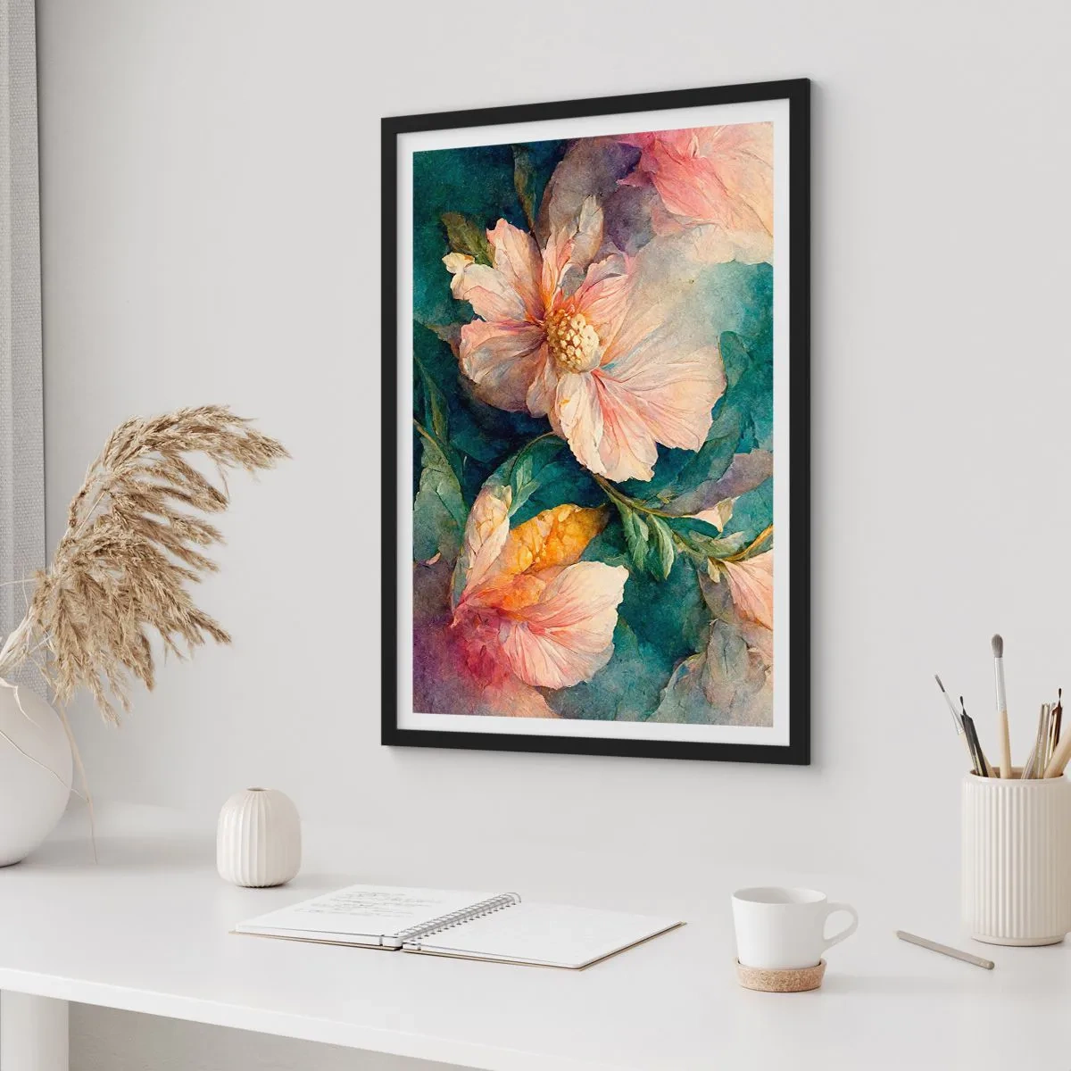 Plakat i sort ramme - Fine blomster i akvarelstil - 50x70cm - Subtiliteten selv - Moderne vægdekoration til stue og soveværelse ARTTOR