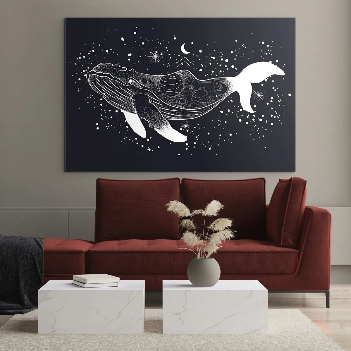 Billede på glas - Grafisk hvid silhuet af en hval, der svæver i rummet - 70x50cm - I universets ocean - Moderne vægdekoration til stue og soveværelse ARTTOR