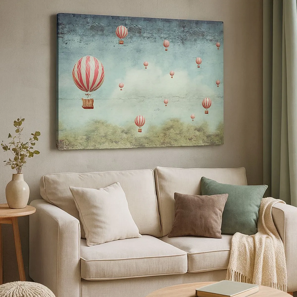 Lærredstryk - Billede på lærred - Retro balloner mod en blå himmel og grøn baggrund - 70x50cm - Fri fra livets travlhed og travlhed - Moderne vægdekoration til stue og soveværelse ARTTOR