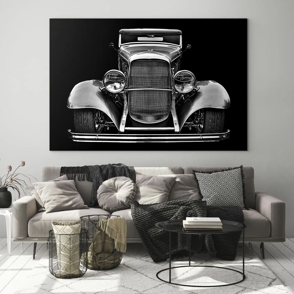 Billede på glas - En frontal visning af en vintage retro bil - 70x50cm - En sand genelman - Moderne vægdekoration til stue og soveværelse ARTTOR
