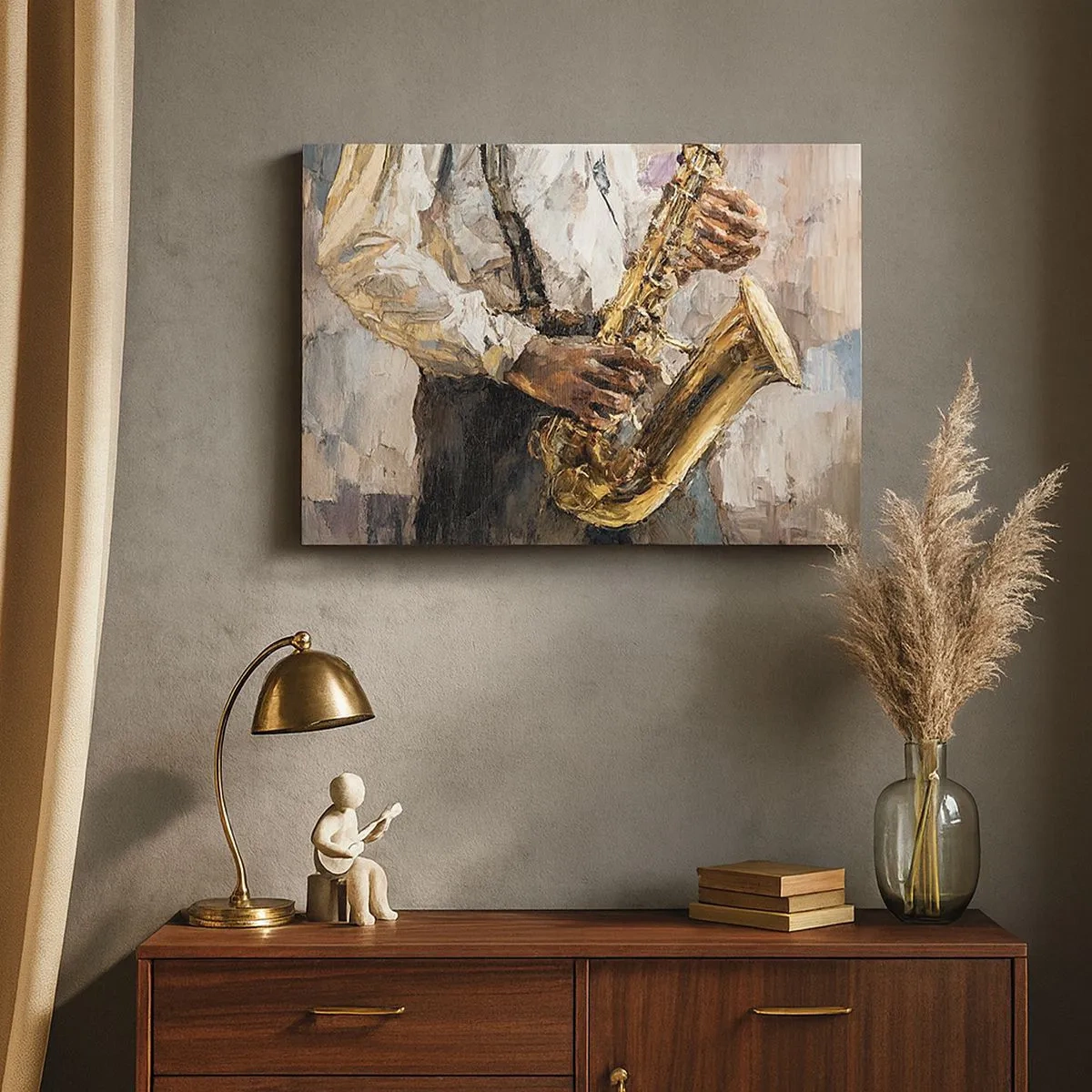 Lærredstryk - Billede på lærred - En musiker, der spiller saxofon i en kunstnerisk stil - 70x50cm - Tid til at gå solo - Moderne vægdekoration til stue og soveværelse ARTTOR