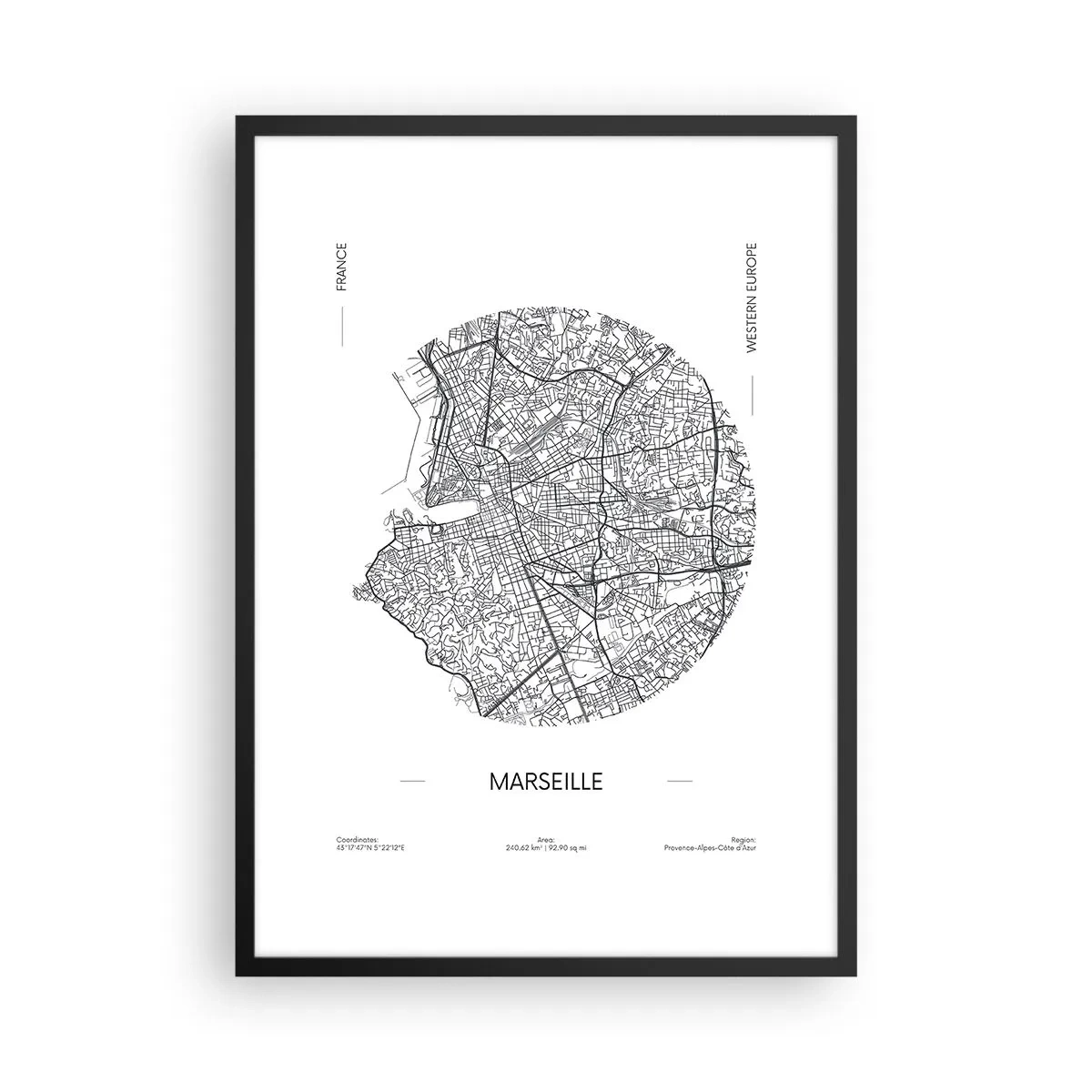 Plakat i sort ramme - Minimalistisk kort over Marseille i en cirkel - 50x70cm - Marseilles anatomi - Moderne vægdekoration til stue og soveværelse ARTTOR