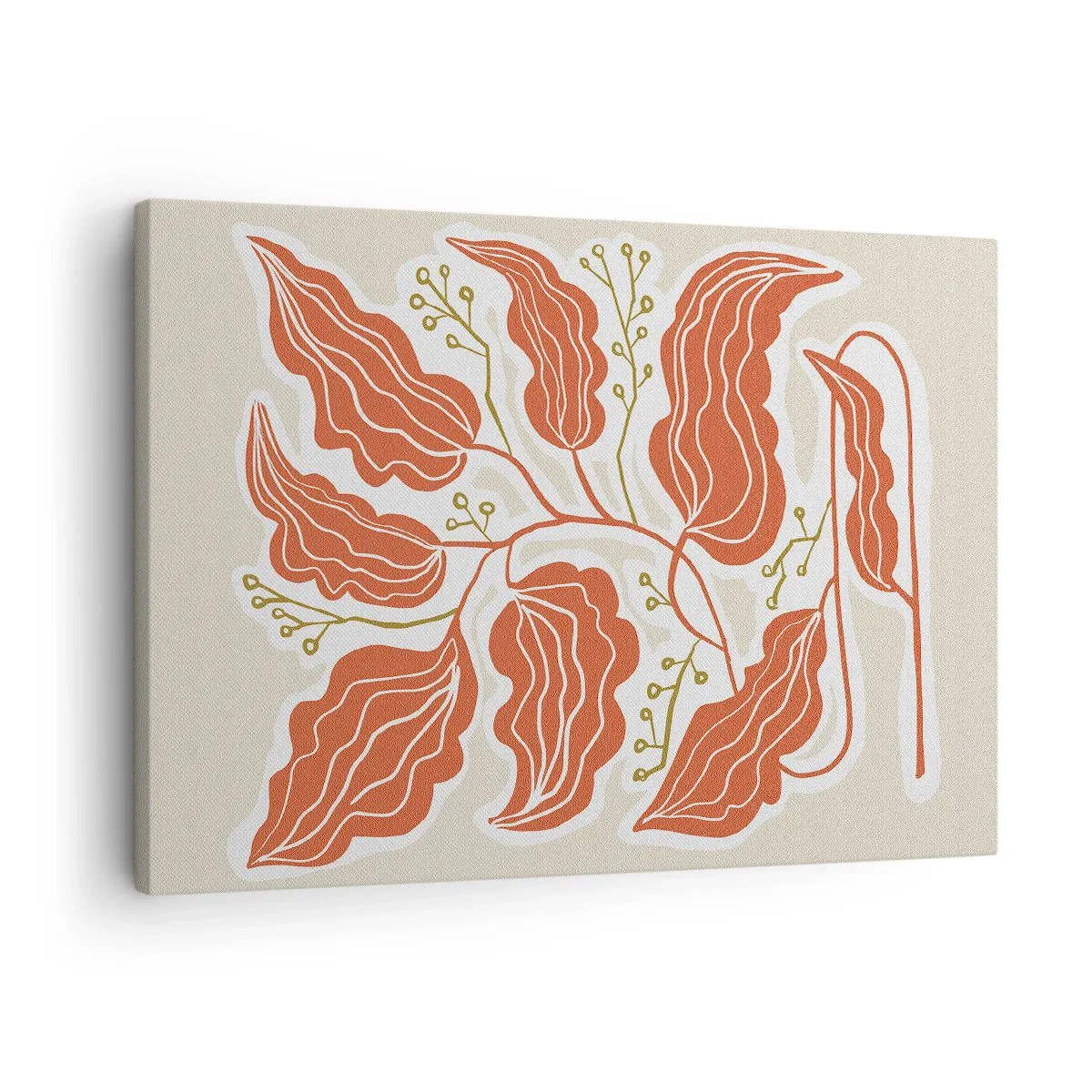 Lærredstryk - Billede på lærred - Et minimalistisk bladmotiv i nuancer af orange og grøn. - 70x50cm - Folk og koral - Moderne vægdekoration til stue og soveværelse ARTTOR