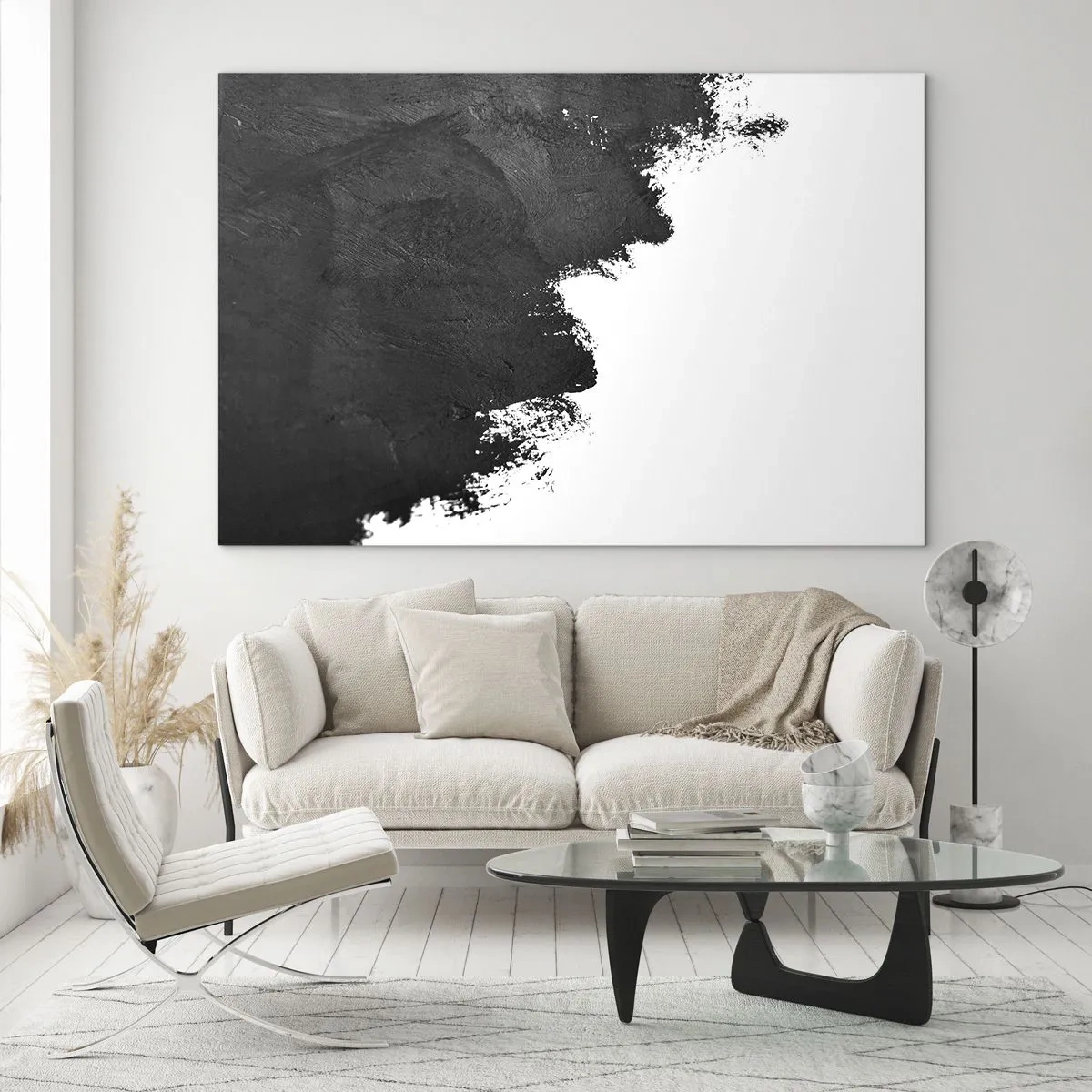Billede på glas - Sort malingstekstur på en hvid baggrund i minimalistisk stil - 70x50cm - Elementer: jord - Moderne vægdekoration til stue og soveværelse ARTTOR