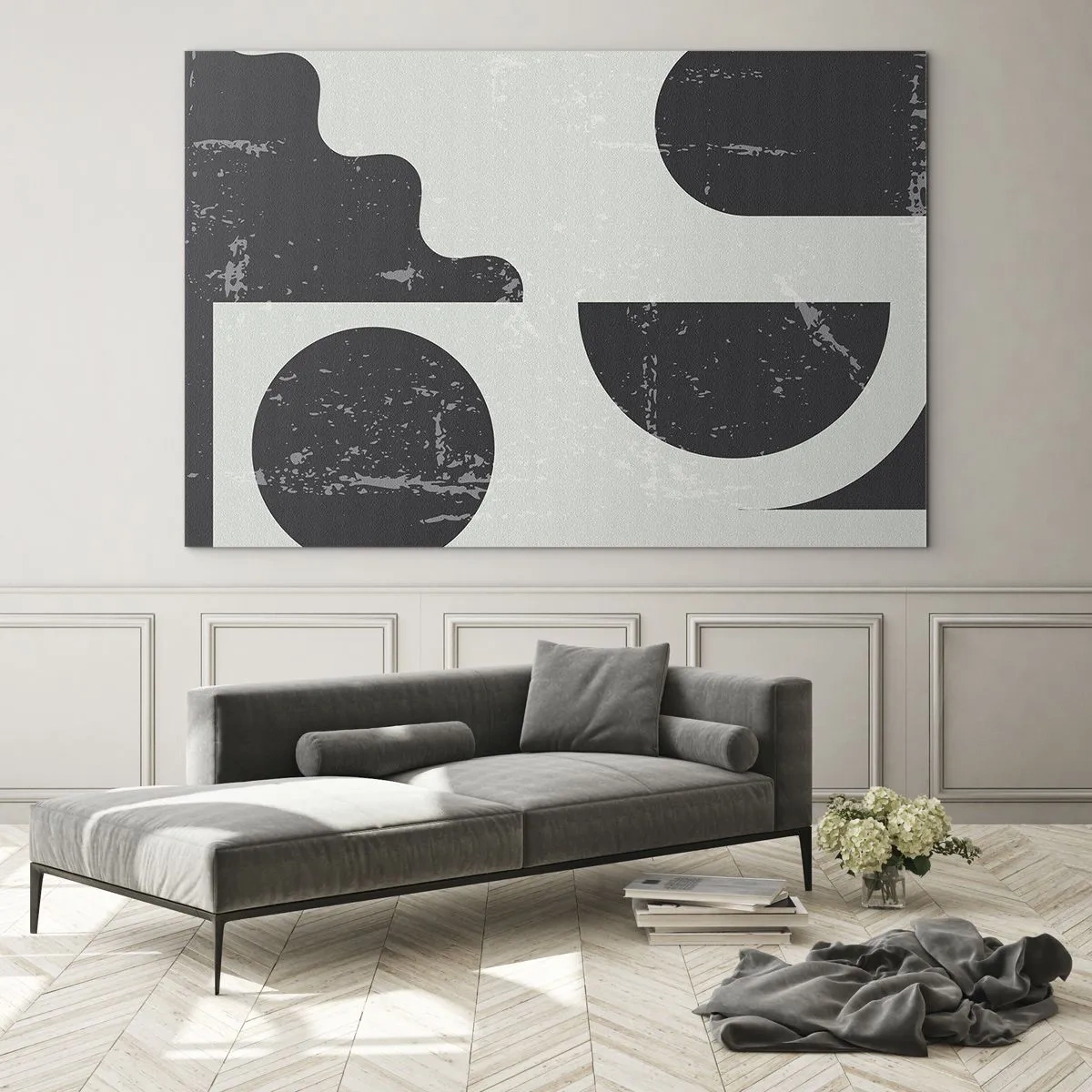 Billede på glas - Abstrakt geometrisk grafik med skrammer - 70x50cm - Komposition over og under - Moderne vægdekoration til stue og soveværelse ARTTOR