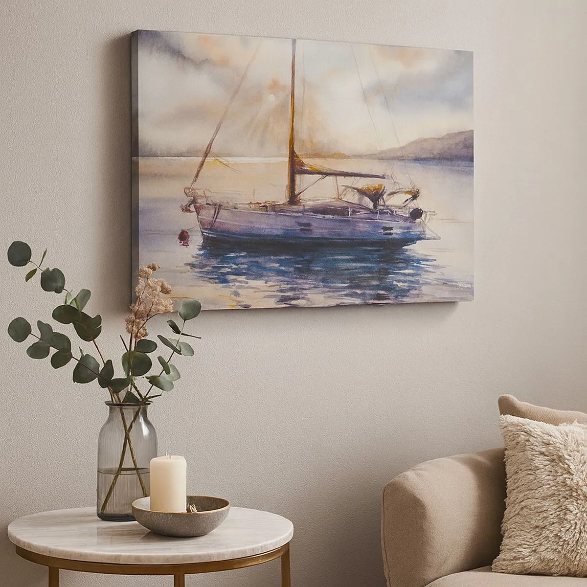 Lærredstryk - Billede på lærred - En yacht på et roligt hav ved solnedgang - 70x50cm - Aften i bugten - Moderne vægdekoration til stue og soveværelse ARTTOR