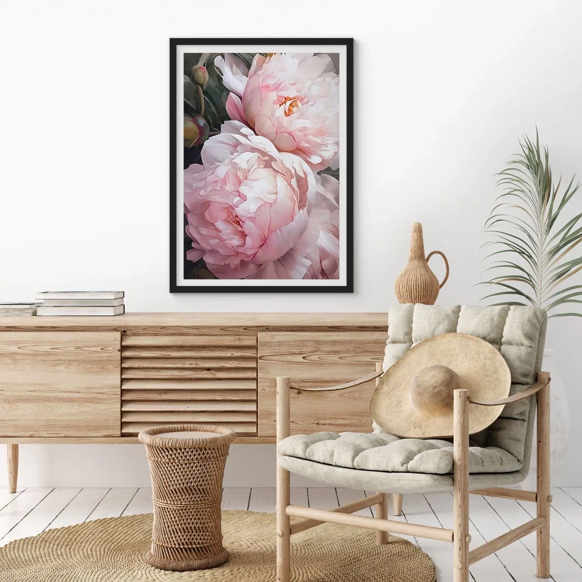 Plakat i sort ramme - Delikate pæoner i pastelfarver af pink og hvid - 50x70cm - Fastlåst i blomstring - Moderne vægdekoration til stue og soveværelse ARTTOR