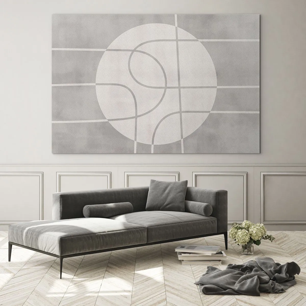 Billede på glas - Beige linjer og cirkler skaber en geometrisk komposition - 70x50cm - Cirkulær og lige frem - Moderne vægdekoration til stue og soveværelse ARTTOR