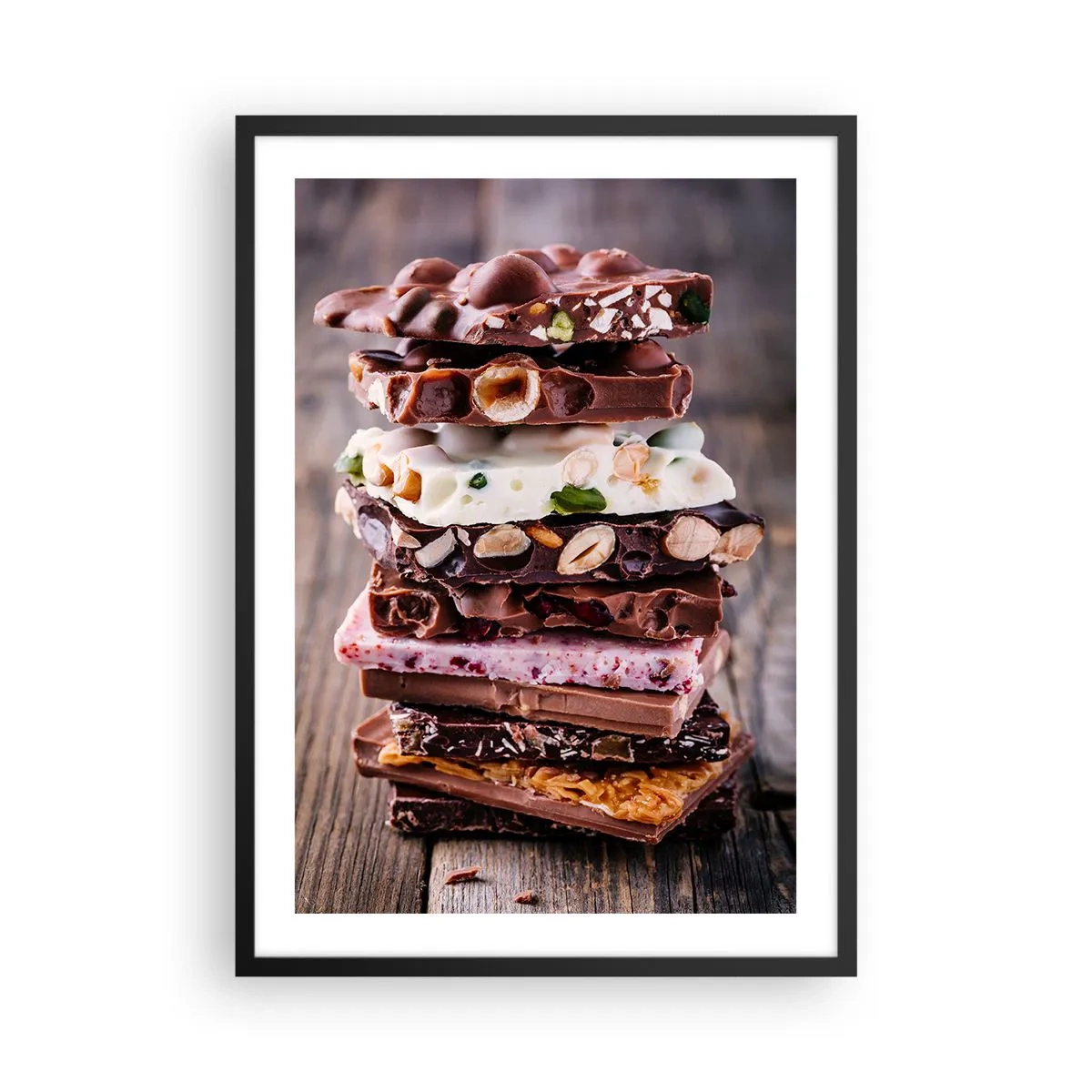 Plakat i sort ramme - En stak chokoladebarer med nødder og frugt - 50x70cm - Dejligt perspektiv - Moderne vægdekoration til stue og soveværelse ARTTOR