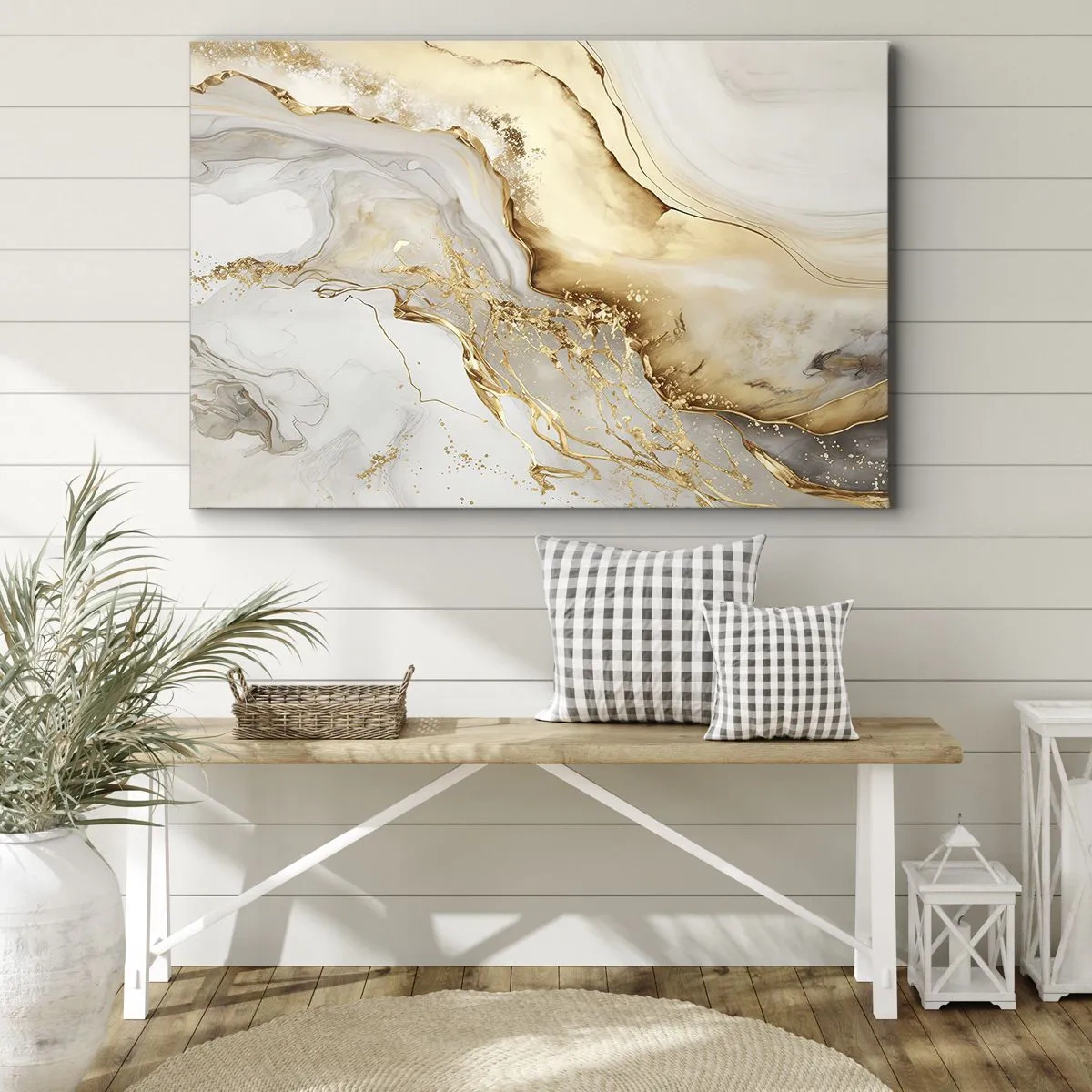 Lærredstryk - Billede på lærred - Abstrakte mønstre i guld og marmor på en lys baggrund - 70x50cm - Abstraktion: skønhed og godhed - Moderne vægdekoration til stue og soveværelse ARTTOR