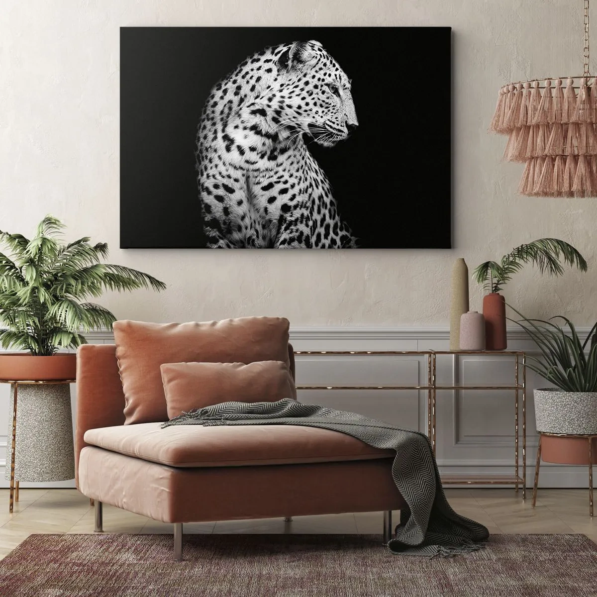 Lærredstryk - Billede på lærred - Sort-hvidt billede af en leopard på en sort baggrund - 70x50cm - Den rigtige profil er perfekt! - Moderne vægdekoration til stue og soveværelse ARTTOR