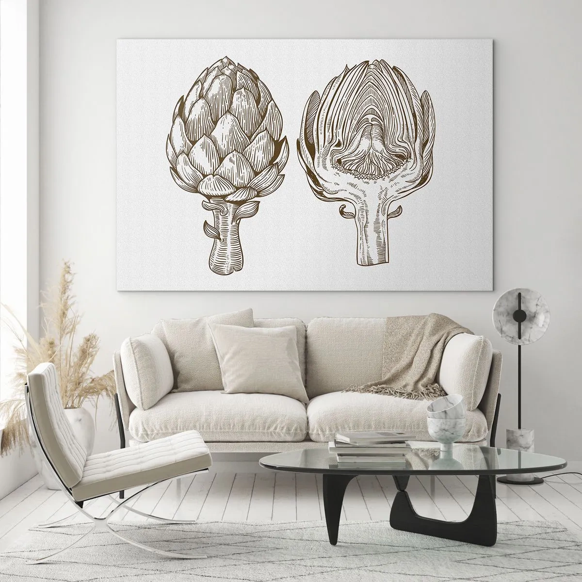 Billede på glas - Botanisk tegning af en artiskok i sin helhed og i tværsnit - 70x50cm - Lektion i anatomi - Moderne vægdekoration til stue og soveværelse ARTTOR