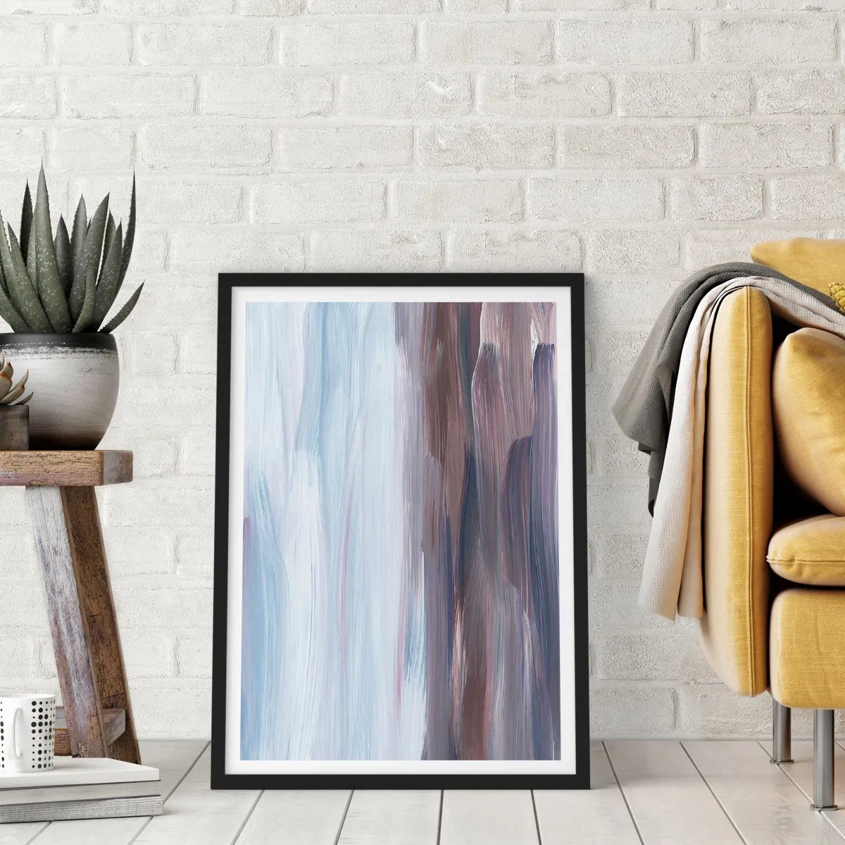 Plakat i sort ramme - Abstrakte penselstrøg i nuancer af blå og brun - 50x70cm - Elementer: vand - Moderne vægdekoration til stue og soveværelse ARTTOR