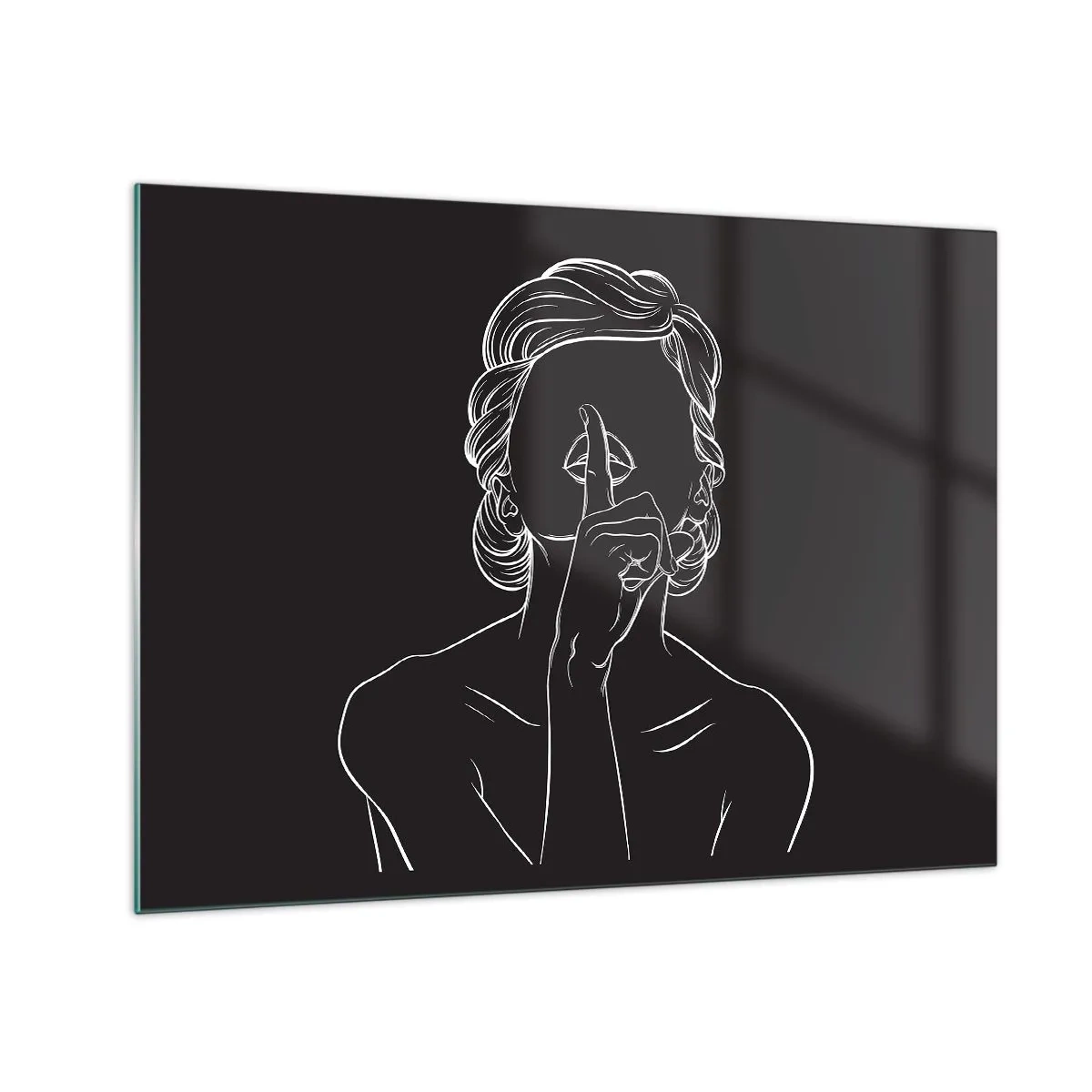 Billede på glas - En minimalistisk silhuet af en kvinde, der laver en tavs gestus. - 70x50cm - Skønhed blomstrer i stilhed - Moderne vægdekoration til stue og soveværelse ARTTOR