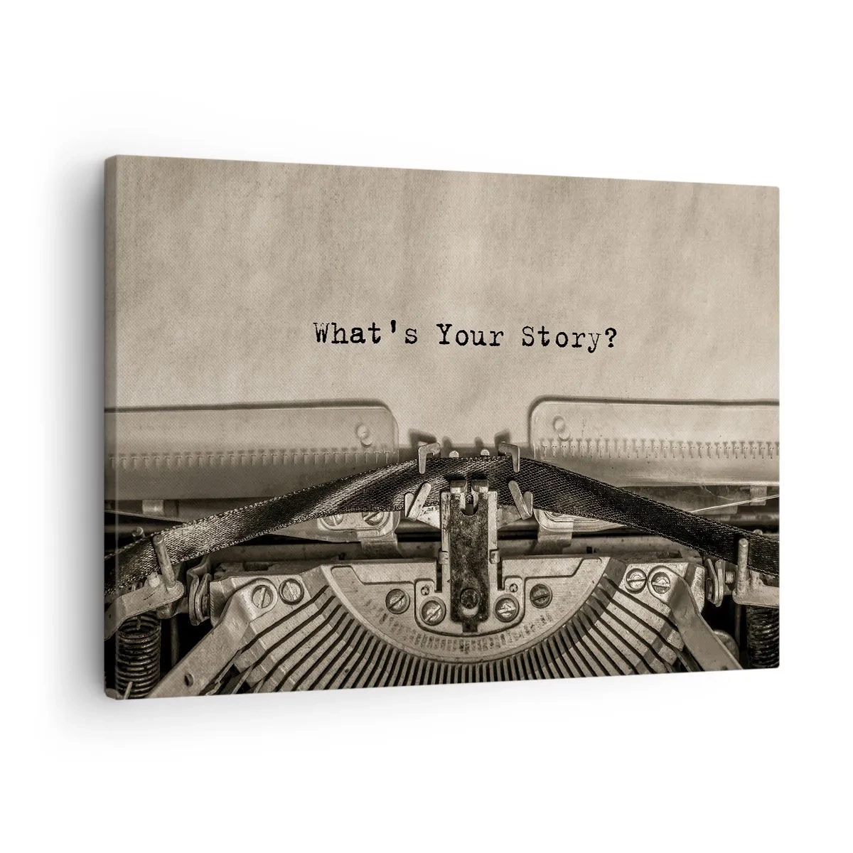 Lærredstryk - Billede på lærred - En skrivemaskine med ordene "Hvad er din historie?" - 70x50cm - Fortæl mig - Moderne vægdekoration til stue og soveværelse ARTTOR