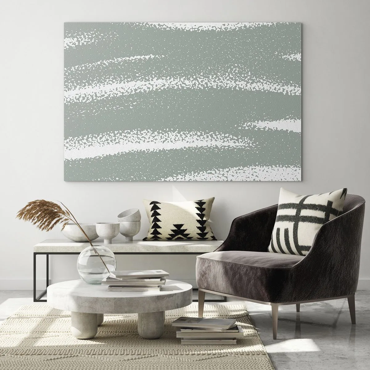 Billede på glas - Hvide striber på en kølig grøn baggrund - 70x50cm - Abstraktion i vinterstemning - Moderne vægdekoration til stue og soveværelse ARTTOR