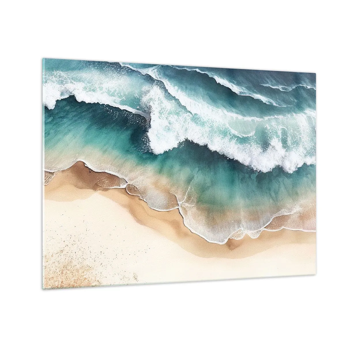 Billede på glas - Havbølger, der slår ind på en gylden sandstrand - 70x50cm - Et evigt møde - Moderne vægdekoration til stue og soveværelse ARTTOR