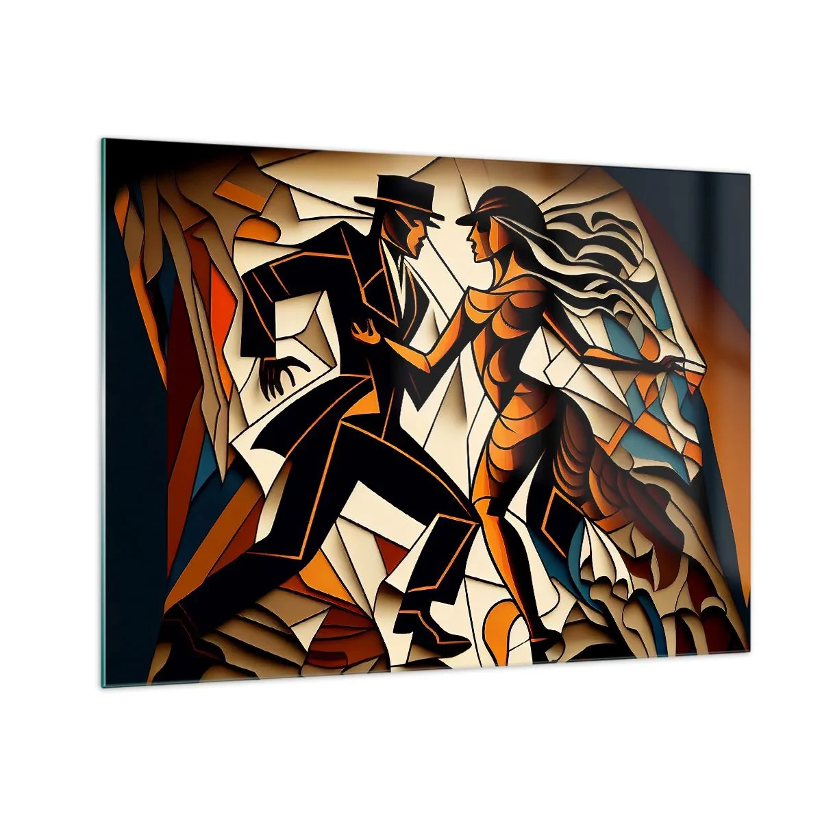 Billede på glas - Et stiliseret par, der danser i en dynamisk abstrakt form. - 70x50cm - Dans af lidenskab og passion - Moderne vægdekoration til stue og soveværelse ARTTOR
