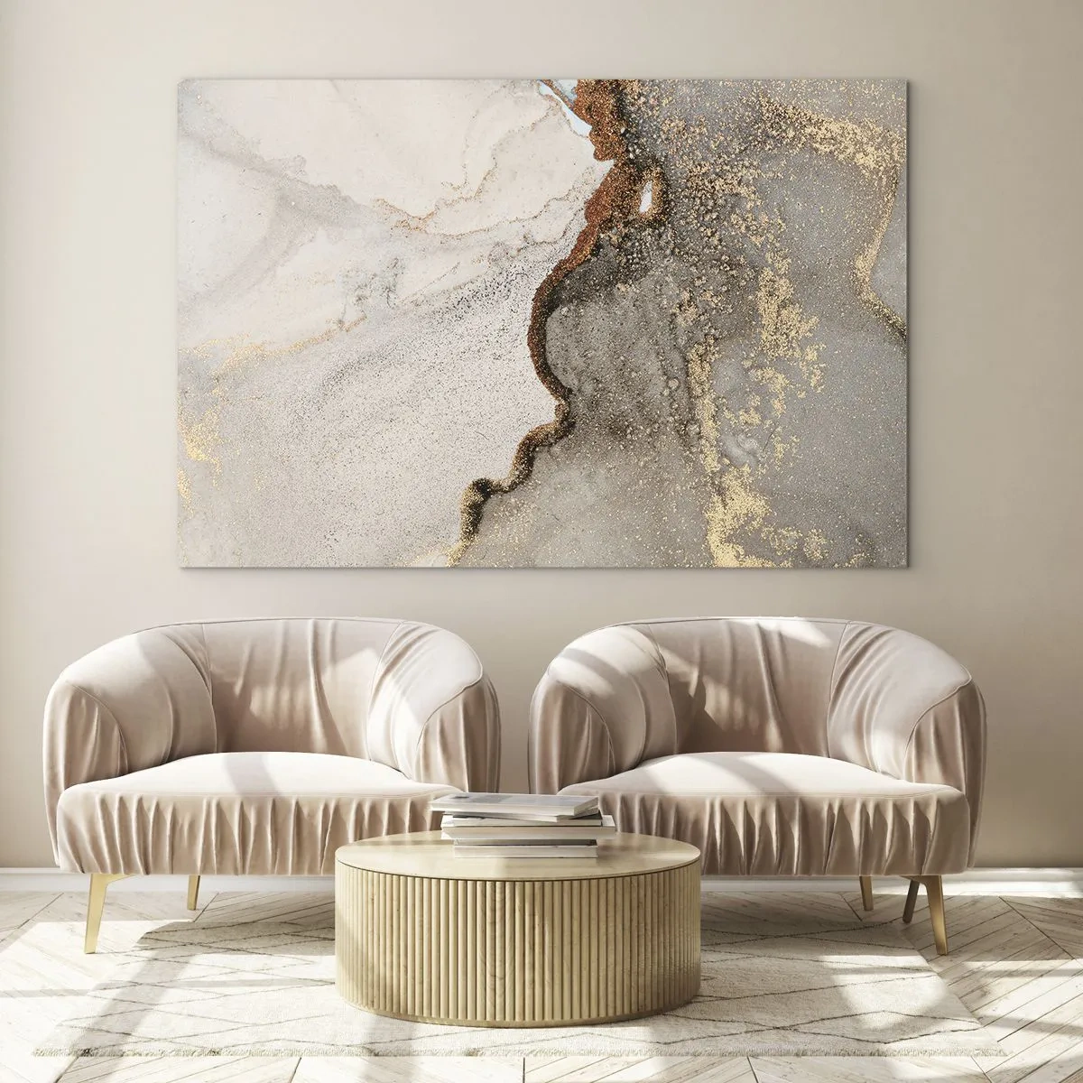 Billede på glas - Abstrakt komposition med beige, guld og grafit - 70x50cm - På farvegrænsen - Moderne vægdekoration til stue og soveværelse ARTTOR