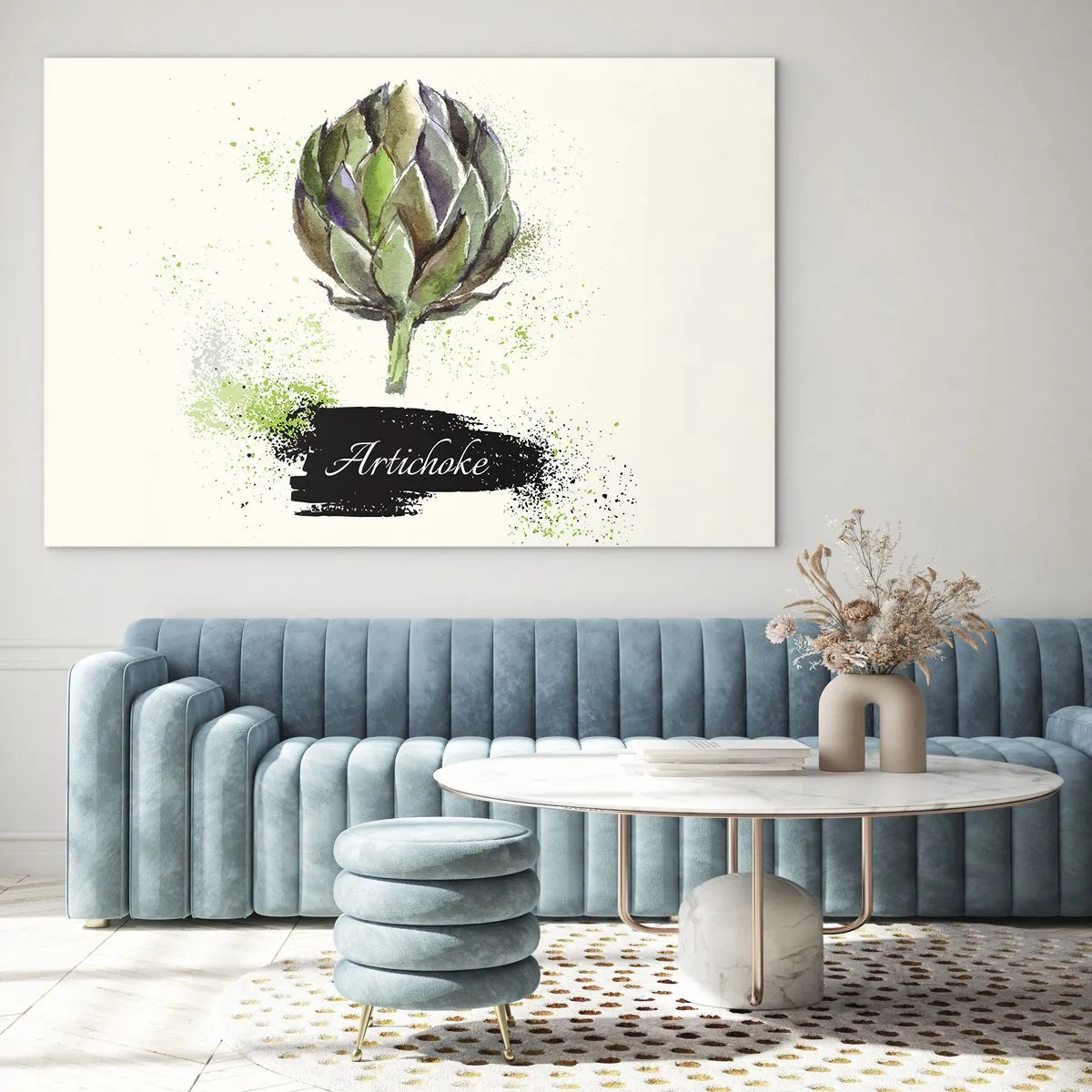 Billede på glas - Akvarel artiskokgrafik med ordet Artiskok skrevet på den - 70x50cm - Eviva grøntsager! - Moderne vægdekoration til stue og soveværelse ARTTOR