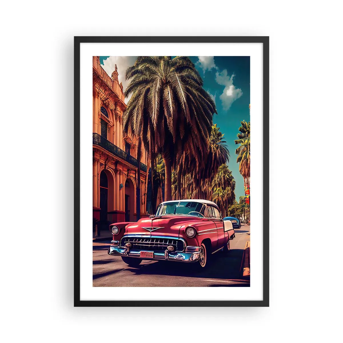 Plakat i sort ramme - En klassisk bil på baggrund af en tropisk by - 50x70cm - Stadig i Havana - Moderne vægdekoration til stue og soveværelse ARTTOR