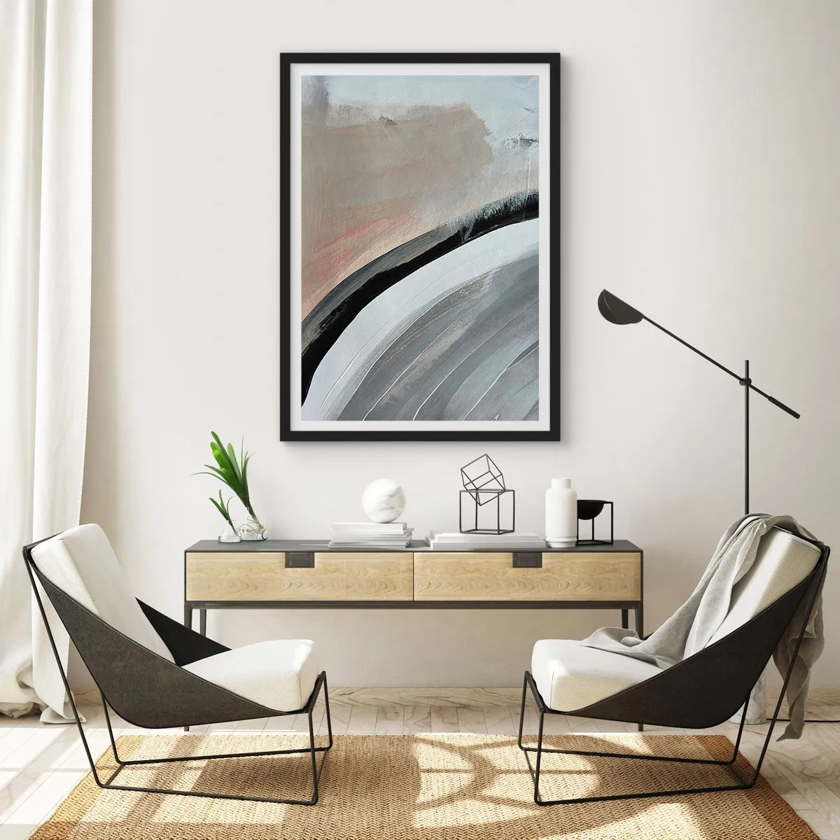 Plakat i sort ramme - Abstrakt komposition med linjer i nuancer af grå og beige. - 50x70cm - Komposition: en bue af sort og gråt - Moderne vægdekoration til stue og soveværelse ARTTOR