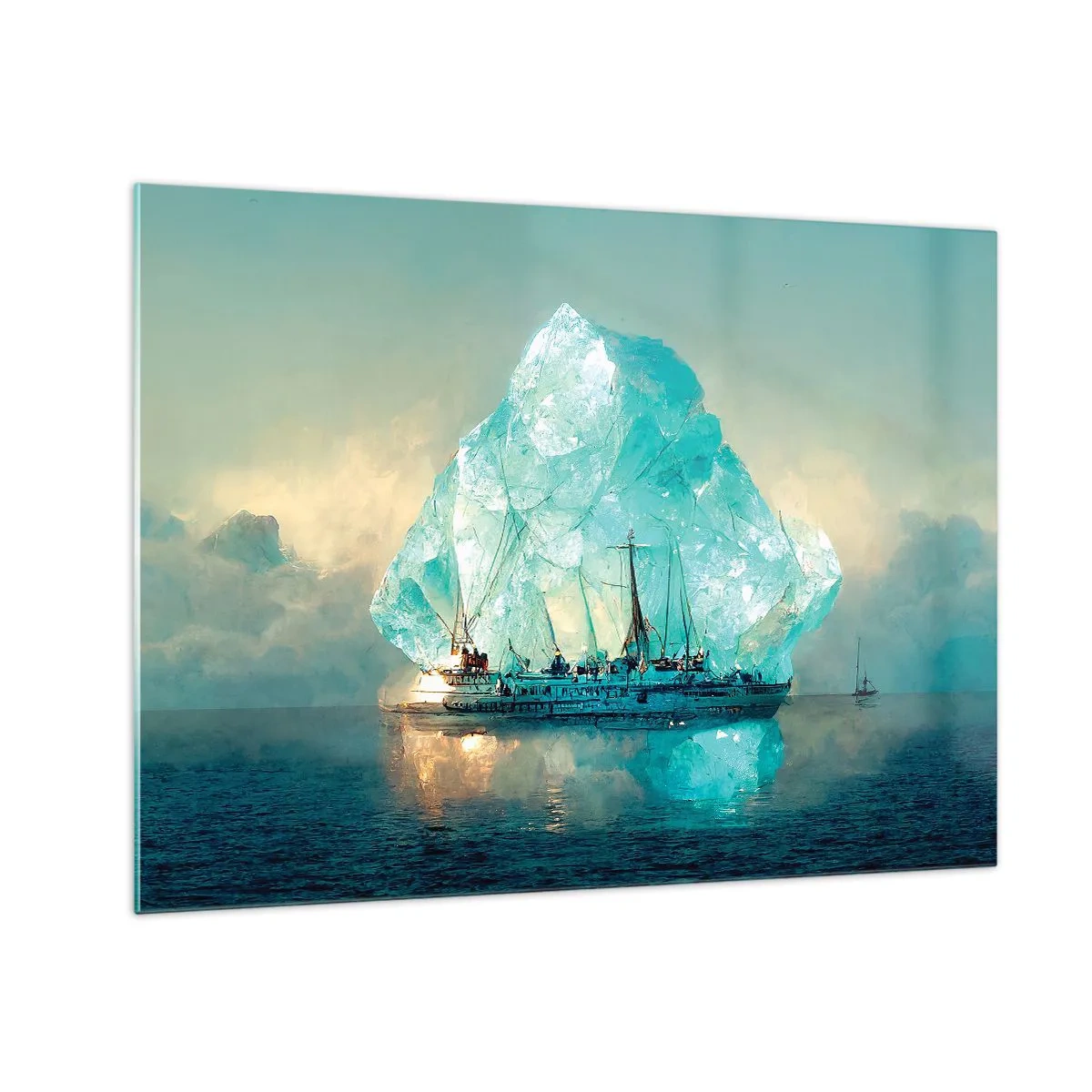Billede på glas - Et sejlskib foran en enorm gletsjer i det arktiske lys. - 70x50cm - Arktisk diamant - Moderne vægdekoration til stue og soveværelse ARTTOR