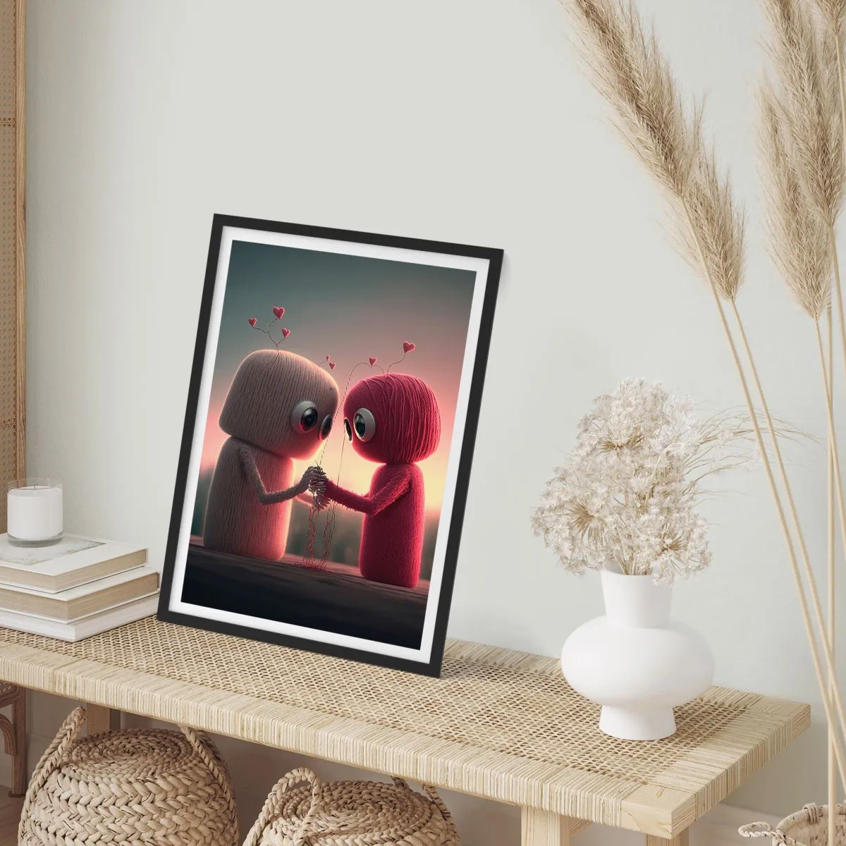 Plakat i sort ramme - Yndige garnfigurer holder i hånd - 50x70cm - Alle har lov til at elske - Moderne vægdekoration til stue og soveværelse ARTTOR