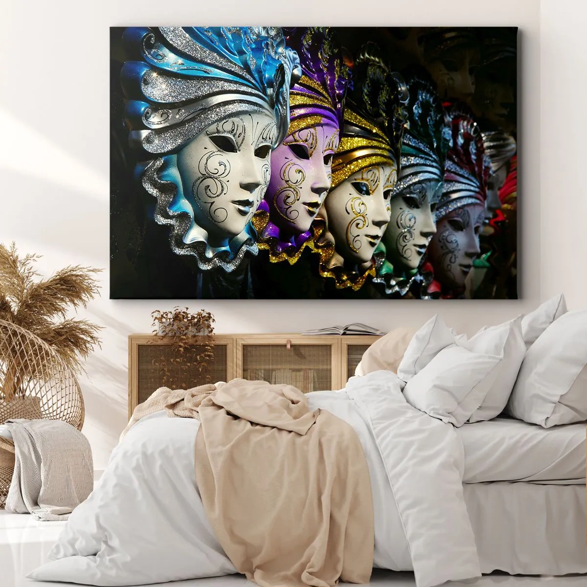 Lærredstryk - Billede på lærred - Venetianske masker i forskellige farver med dekorative mønstre - 70x50cm - Mysterium i guld og sølv - Moderne vægdekoration til stue og soveværelse ARTTOR