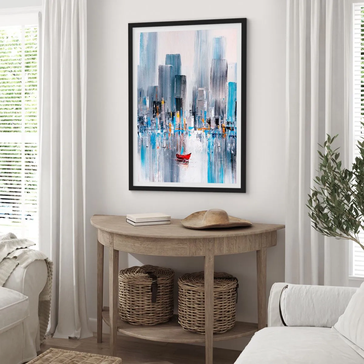 Plakat i sort ramme - Et abstrakt maleri, der forestiller en byskyline over vandet med en rød båd. - 50x70cm - Metropolis ved bugten - Moderne vægdekoration til stue og soveværelse ARTTOR