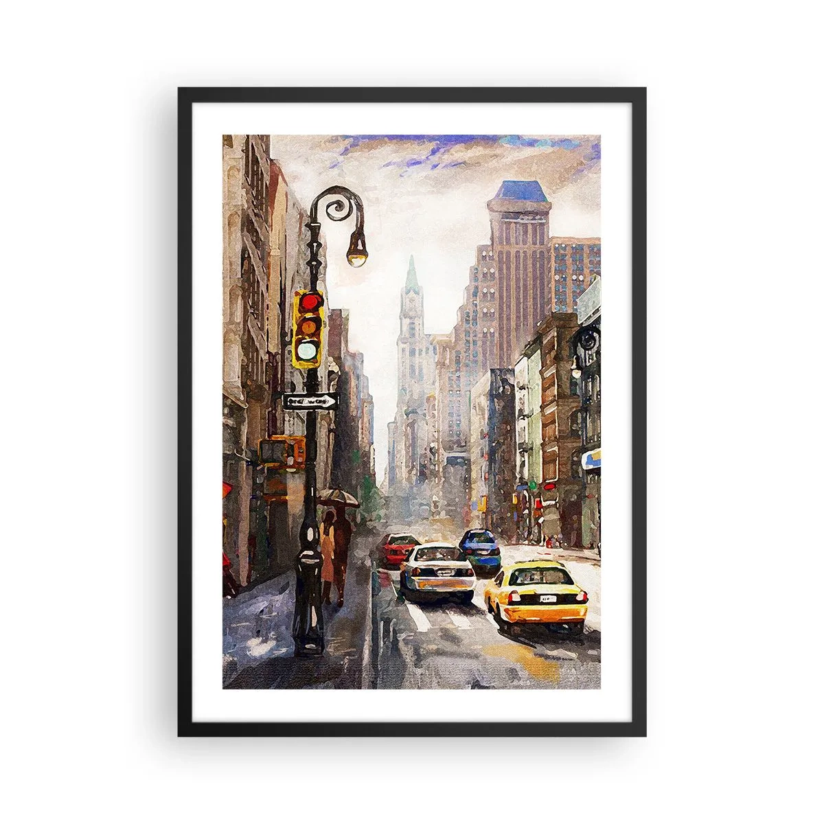 Plakat i sort ramme - Bygade med biler og trafiklys - 50x70cm - New York - også farverig i regnvejr - Moderne vægdekoration til stue og soveværelse ARTTOR