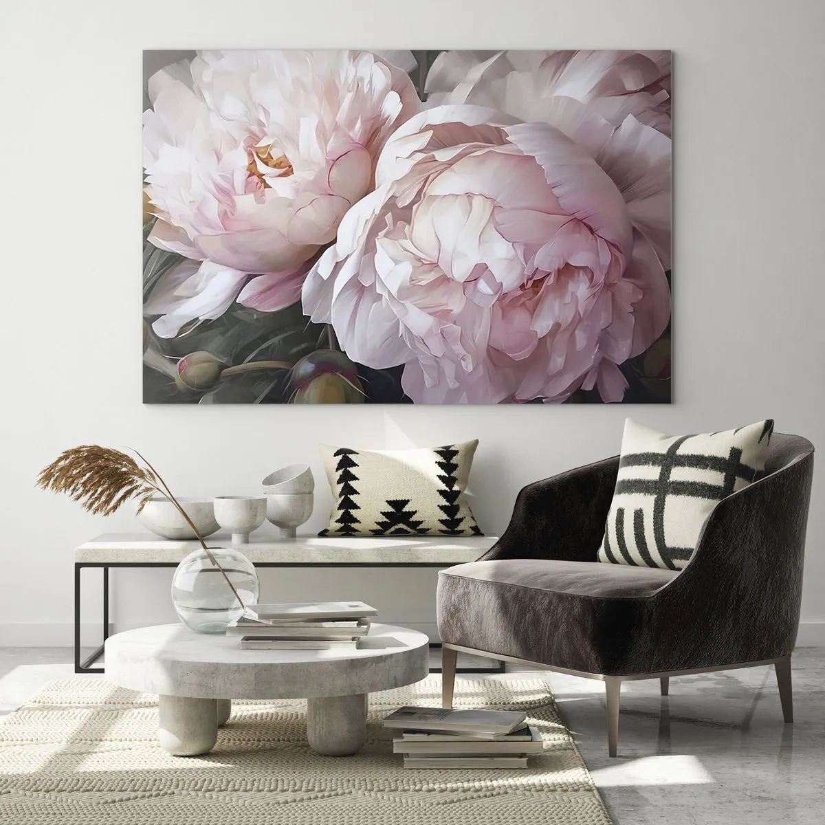 Billede på glas - Delikate pæoner i en lyserød nuance i nærbillede - 70x50cm - Fastlåst i blomstring - Moderne vægdekoration til stue og soveværelse ARTTOR
