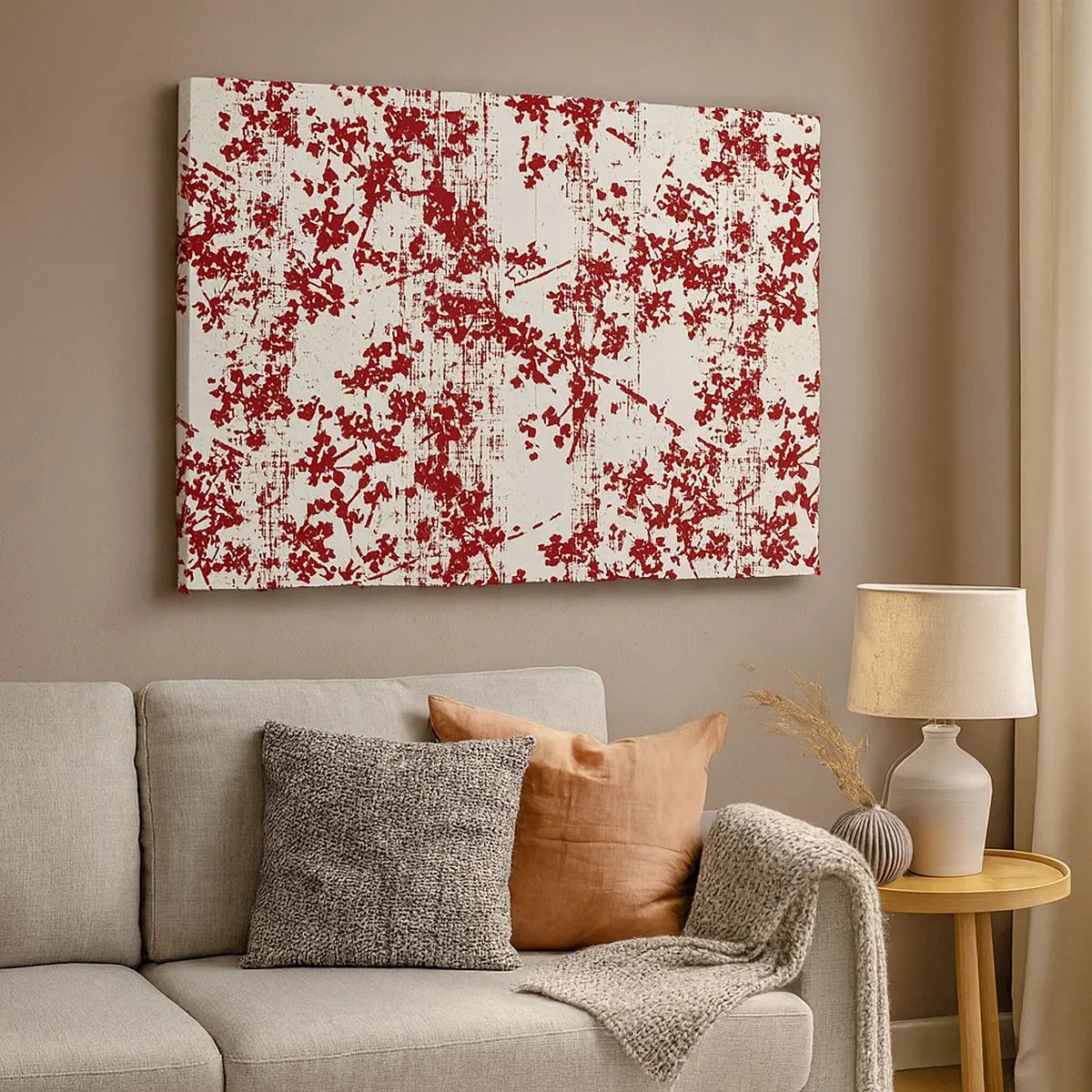 Lærredstryk - Billede på lærred - Røde blomster på en hvid baggrund i kunstnerisk stil - 70x50cm - Som en gammel percale - Moderne vægdekoration til stue og soveværelse ARTTOR