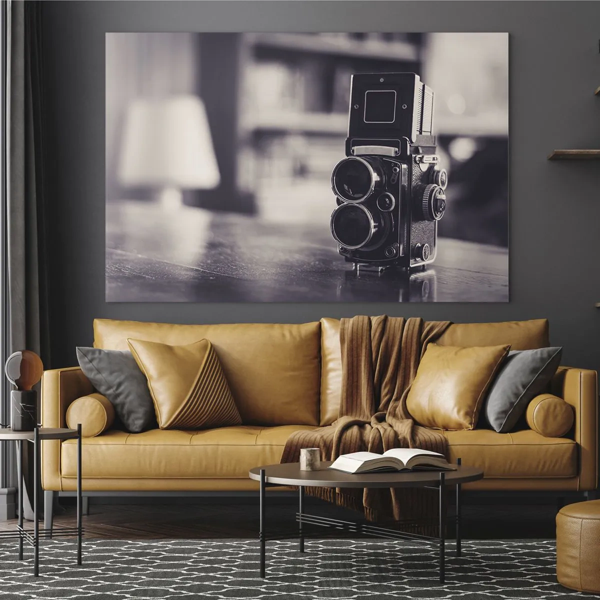 Billede på glas - Sort-hvidt fotografi af et antikt kamera - 70x50cm - Magien i et gammelt fotografi - Moderne vægdekoration til stue og soveværelse ARTTOR