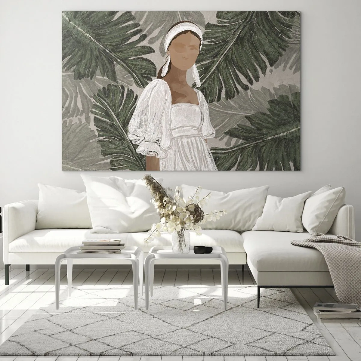 Billede på glas - En kvinde i en hvid kjole mod en baggrund af grønne tropiske blade. - 70x50cm - Eksotisk portræt - Moderne vægdekoration til stue og soveværelse ARTTOR