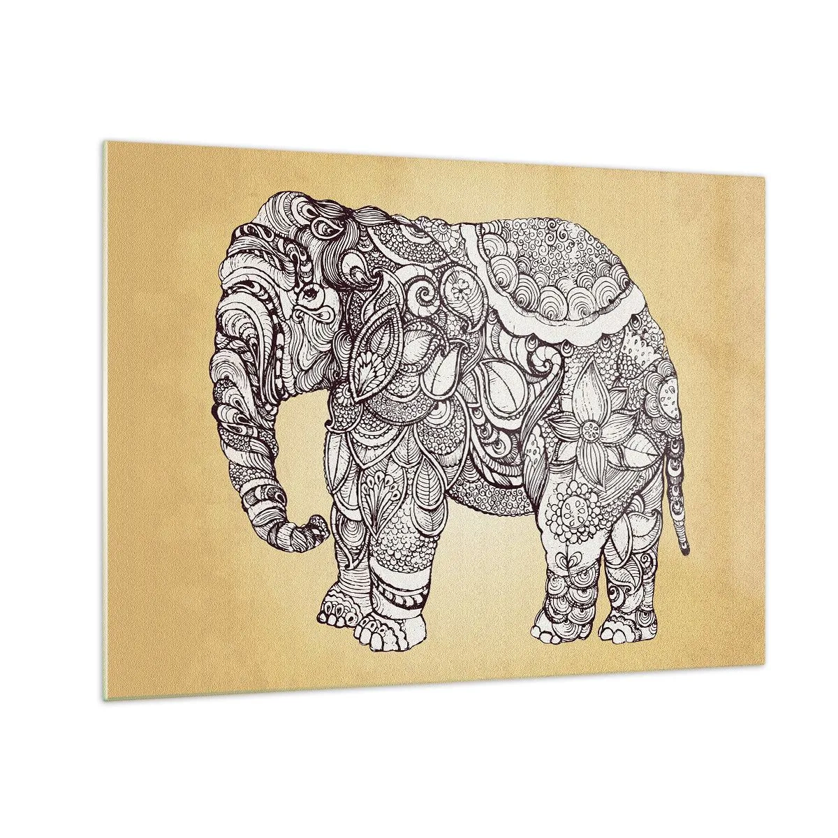 Billede på glas - Sort og hvid elefant med orientalske mønstre på en beige baggrund - 70x50cm - Elefanten er blevet blind - Moderne vægdekoration til stue og soveværelse ARTTOR